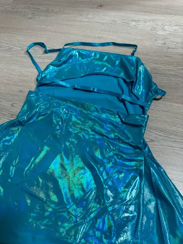 Blizgi mėlyna nauja mini suknelė be rankovių su atvira nugara dydis XS 2